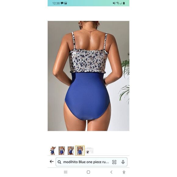 New Large Modihito Blue Bandeau Ruffled 1pc Smocked Swimsuit Bathing Suit NWT - Picture 4 of 5